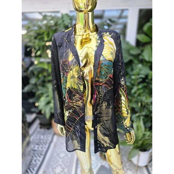 Citron Santa Monica Butterfly Floral Button Front Blouse Silk Rayon Large L - Picture 7 of 12